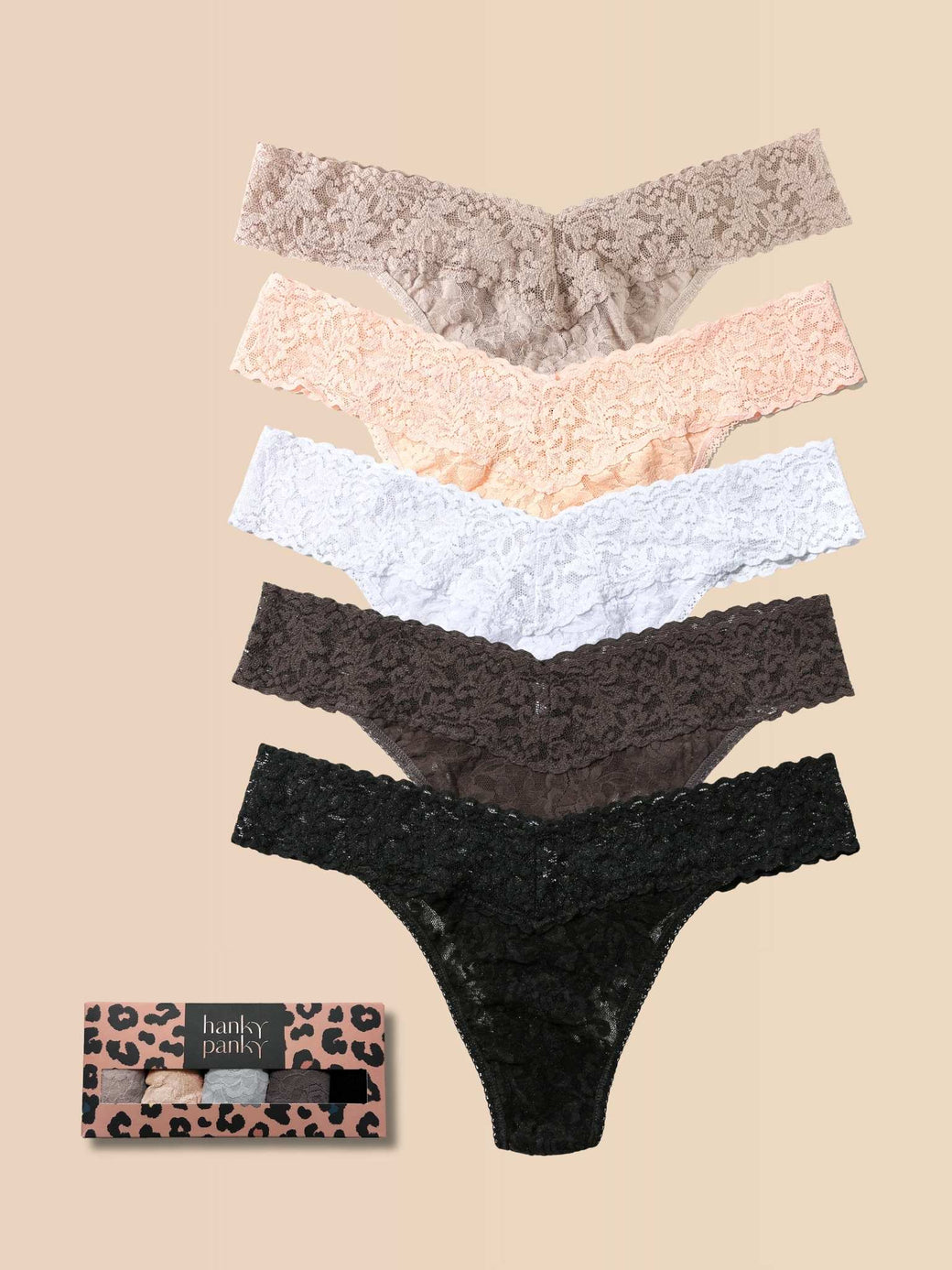 5 Pack Signature Lace® Original Rise Thongs In Printed Box Taupe/Desert Rose/White/Granite/Black