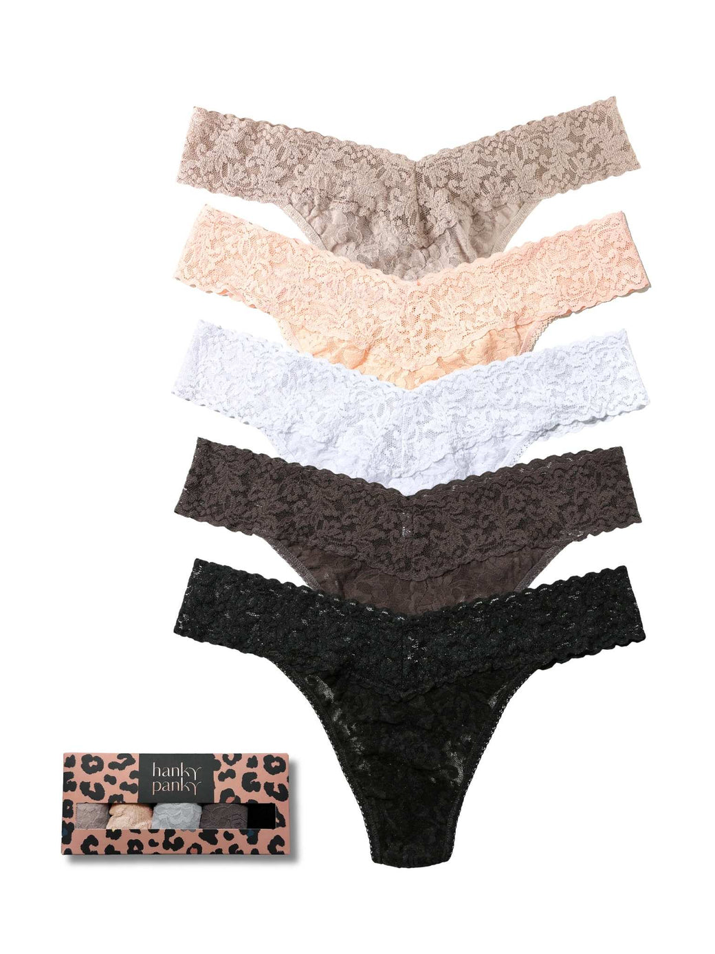 5 Pack Signature Lace® Original Rise Thongs In Printed Box Taupe/Desert Rose/White/Granite/Black