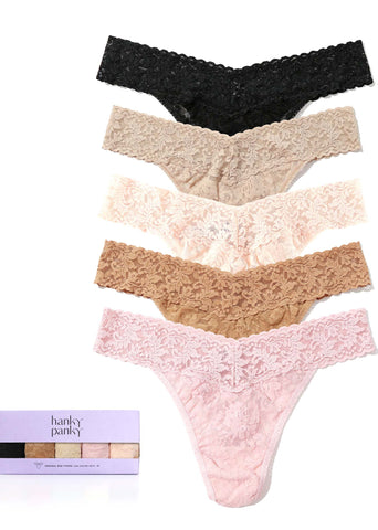 5-Pack Signature Lace® Original Rise Thongs in Black, Nude & Pink - Flat Lay | Hanky Panky
