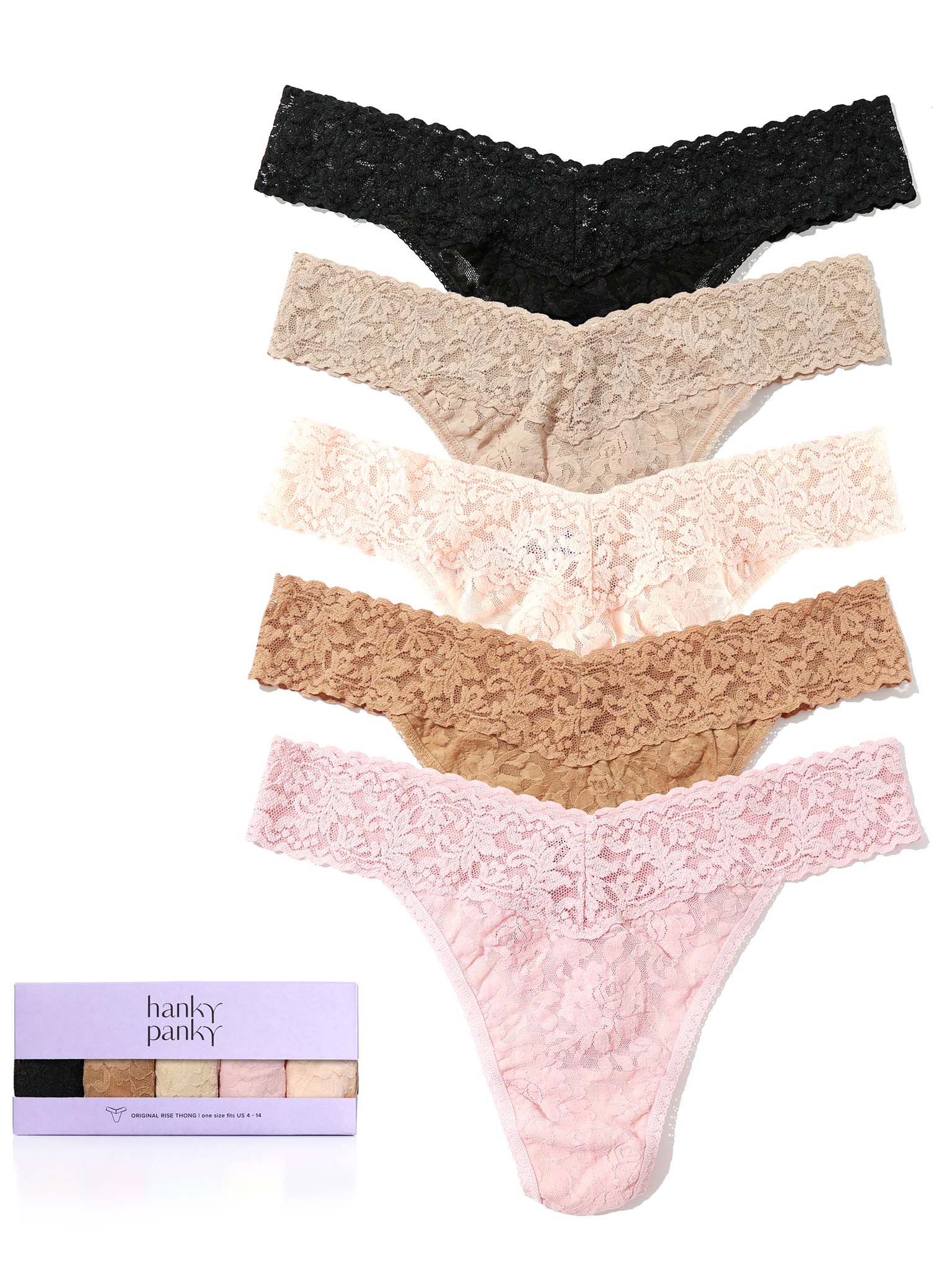 5-Pack Signature Lace® Original Rise Thongs in Black, Nude & Pink - Flat Lay | Hanky Panky