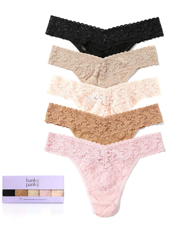 5-Pack Signature Lace® Original Rise Thongs in Black, Nude & Pink - Flat Lay | Hanky Panky