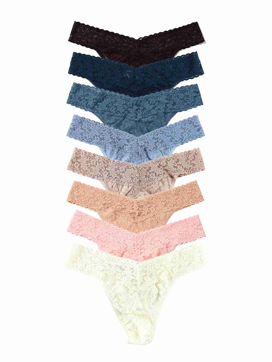 Black Friday Sale - Set of eight signature lace underwear in various colors on a white background
