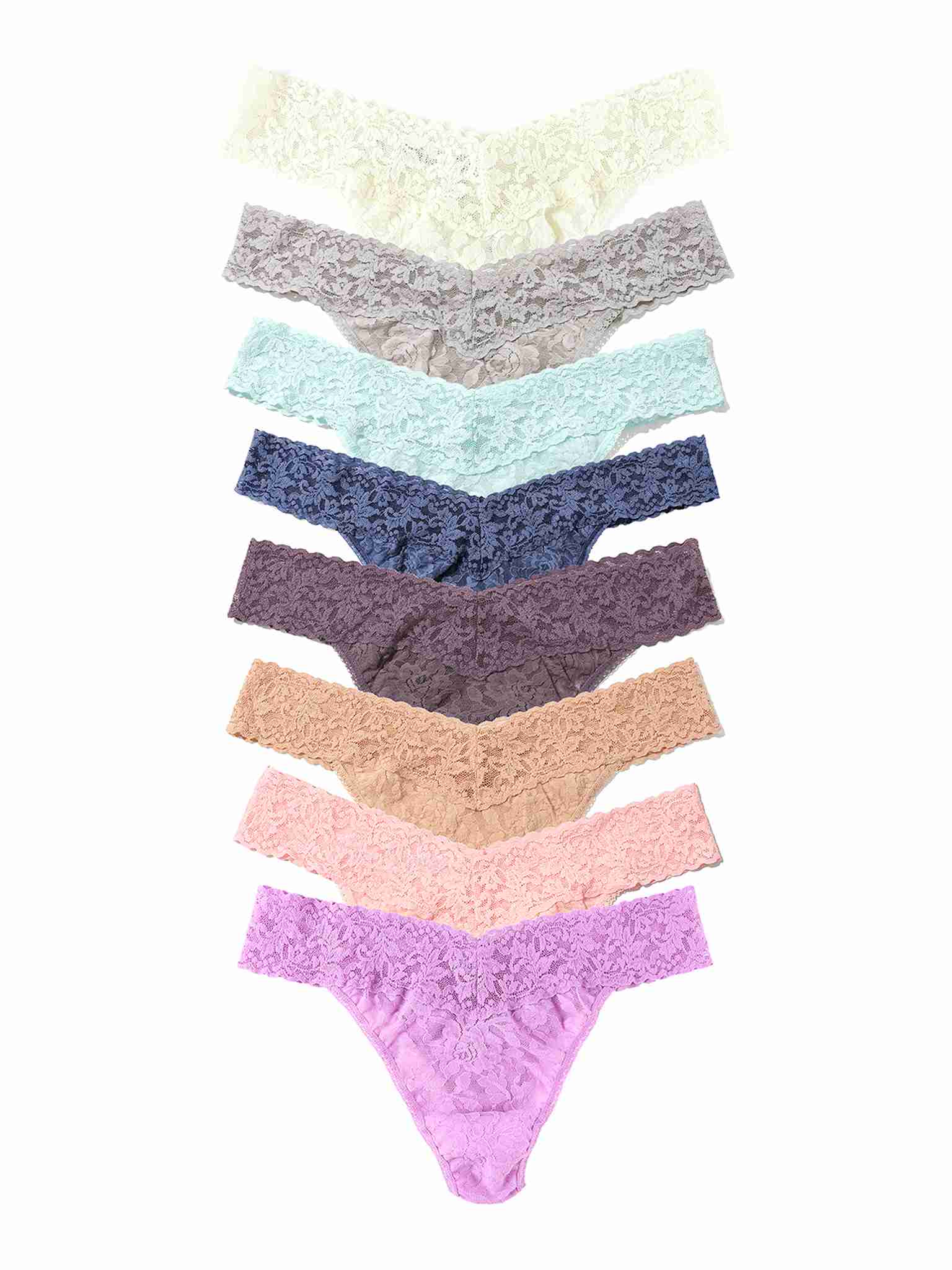 Black Friday Sale - Set of eight colorful signature lace thongs on a white background