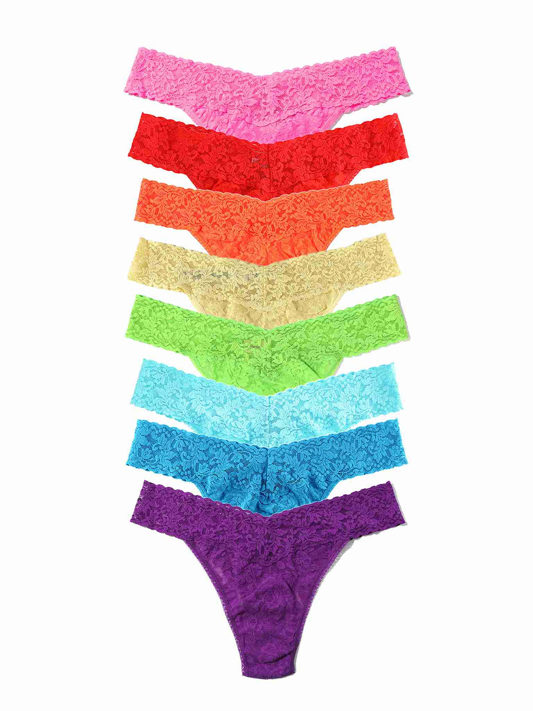 Black Friday Sale - Set of eight colorful signature lace thongs on a white background