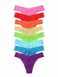 Black Friday Sale - Set of eight colorful signature lace thongs on a white background