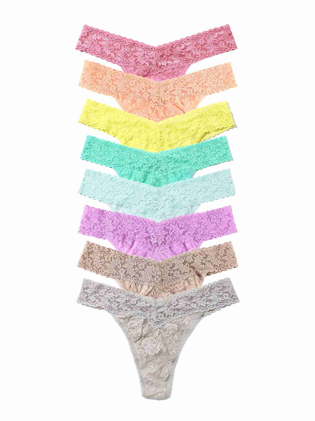 Black Friday Sale - Set of eight colorful women's lace thongs on a white background