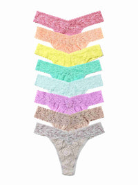 Black Friday Sale - Set of eight colorful women's lace thongs on a white background