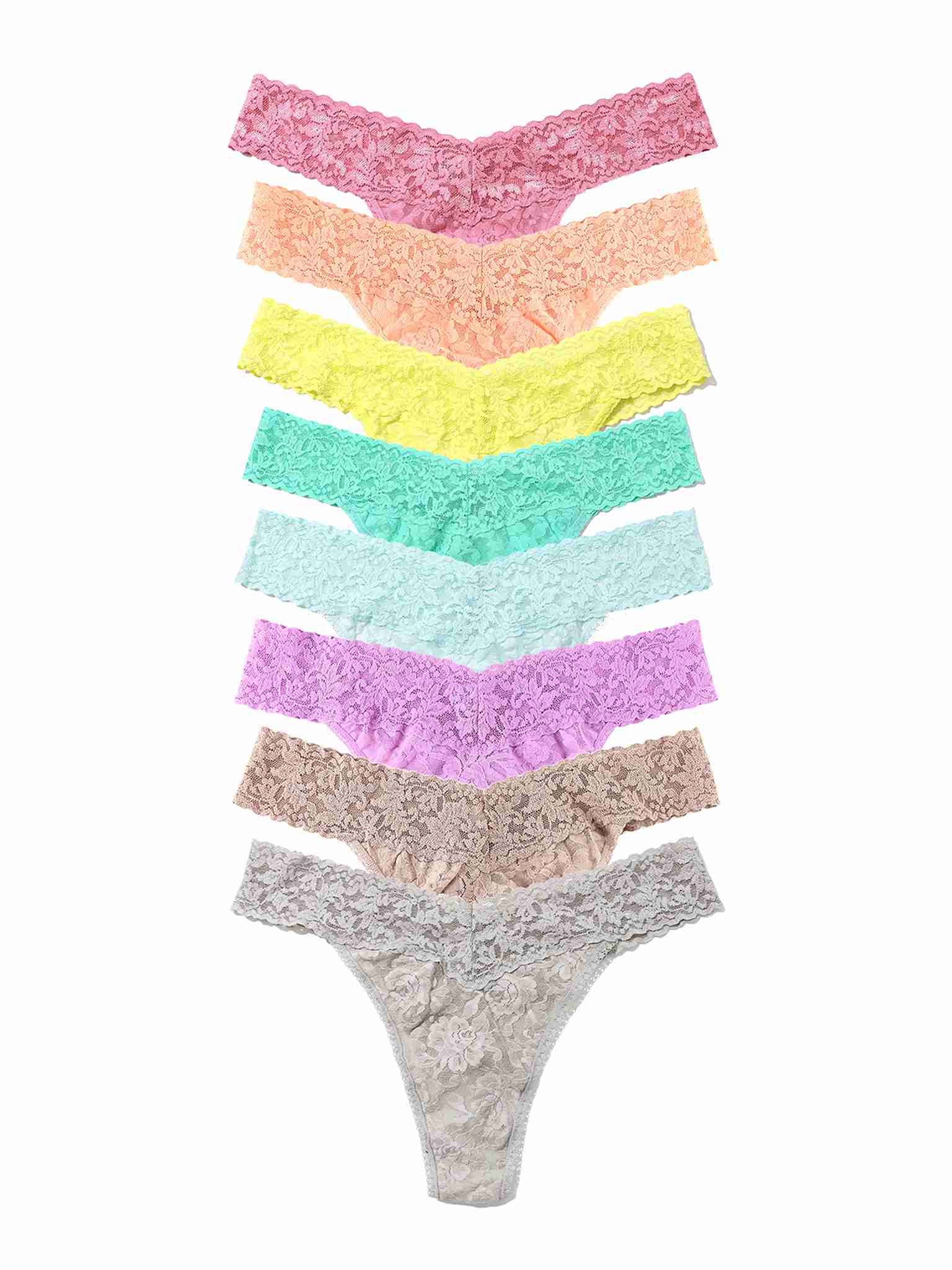 Black Friday Sale - Set of eight colorful women's lace thongs on a white background