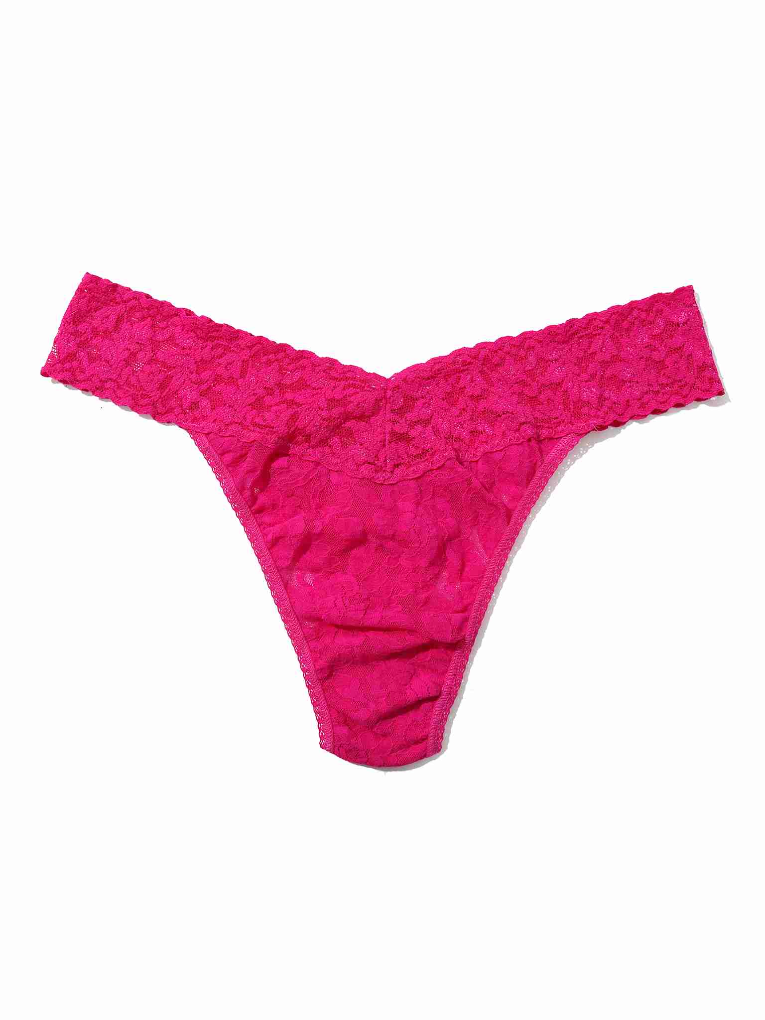 Pink Ruby Signature lace thong on a white background