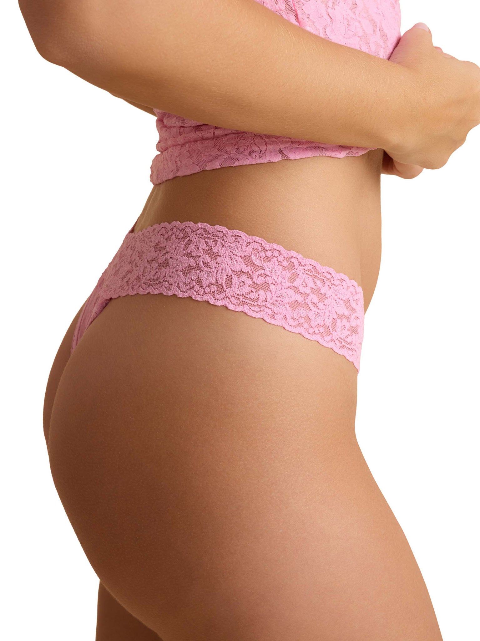 Signature Lace® Original Rise Thong Strawberry Lemonade Pink - Side Profile, Comfortable Lace Thong Waistband Fit | Hanky Panky
