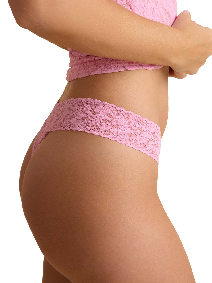 Signature Lace® Original Rise Thong Strawberry Lemonade Pink - Side Profile, Comfortable Lace Thong Waistband Fit | Hanky Panky