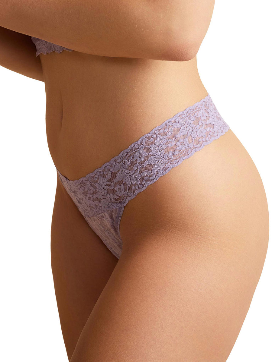Violet Daze Purple Signature Lace® Original Rise Thong - Side Profile, floral lace detail, white background | Hanky Panky