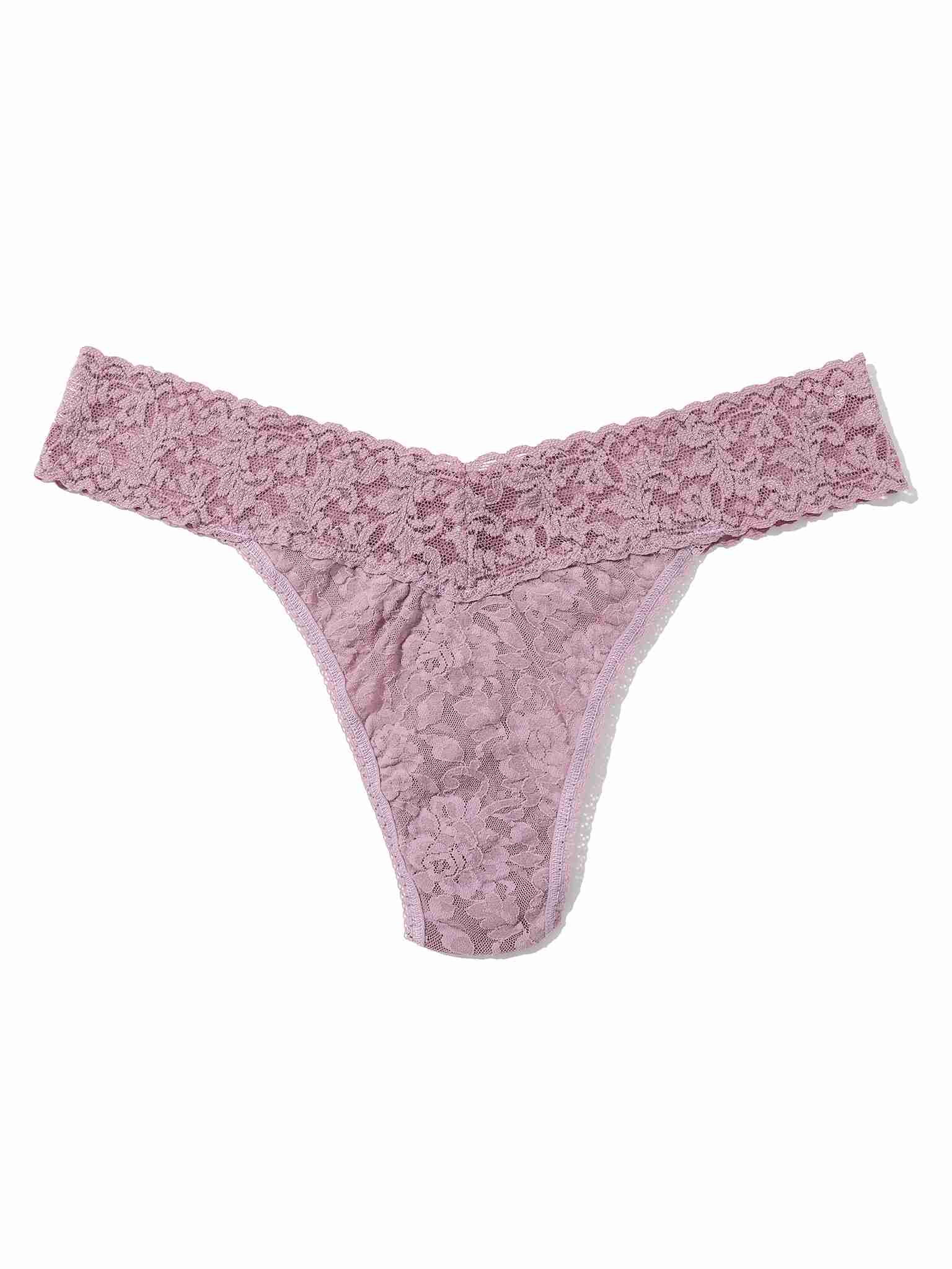 Waterlily Pink signature lace thong on a white background