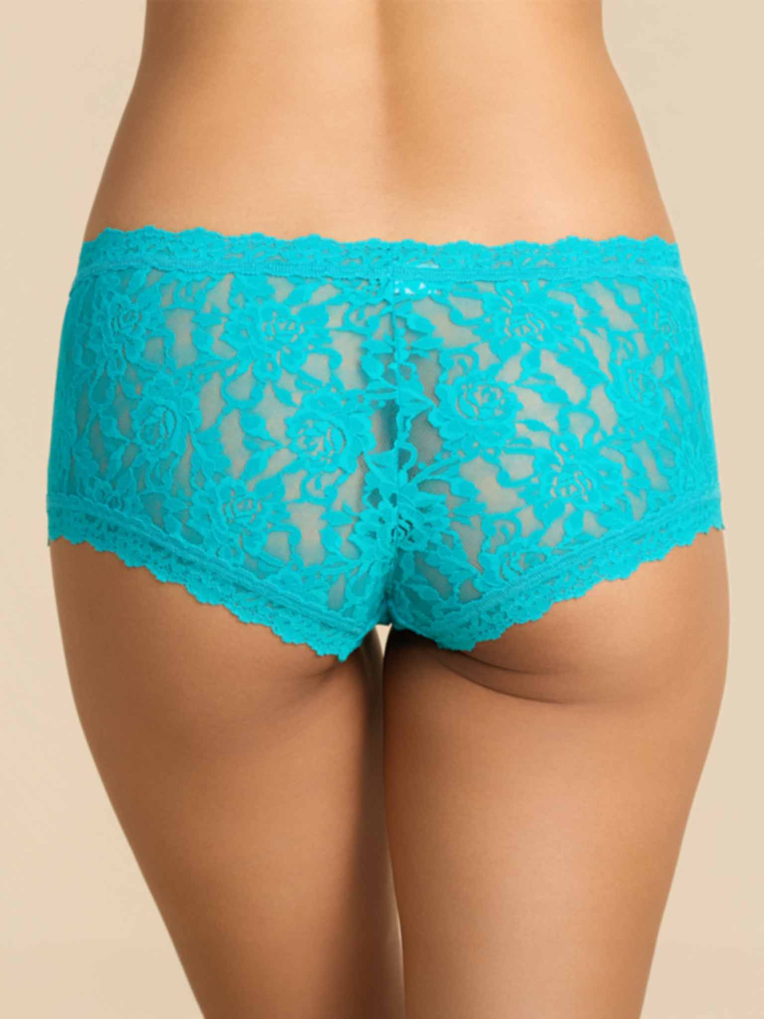 Model facing back wearing Signature Lace® Boyshort Turkish Tile Blue