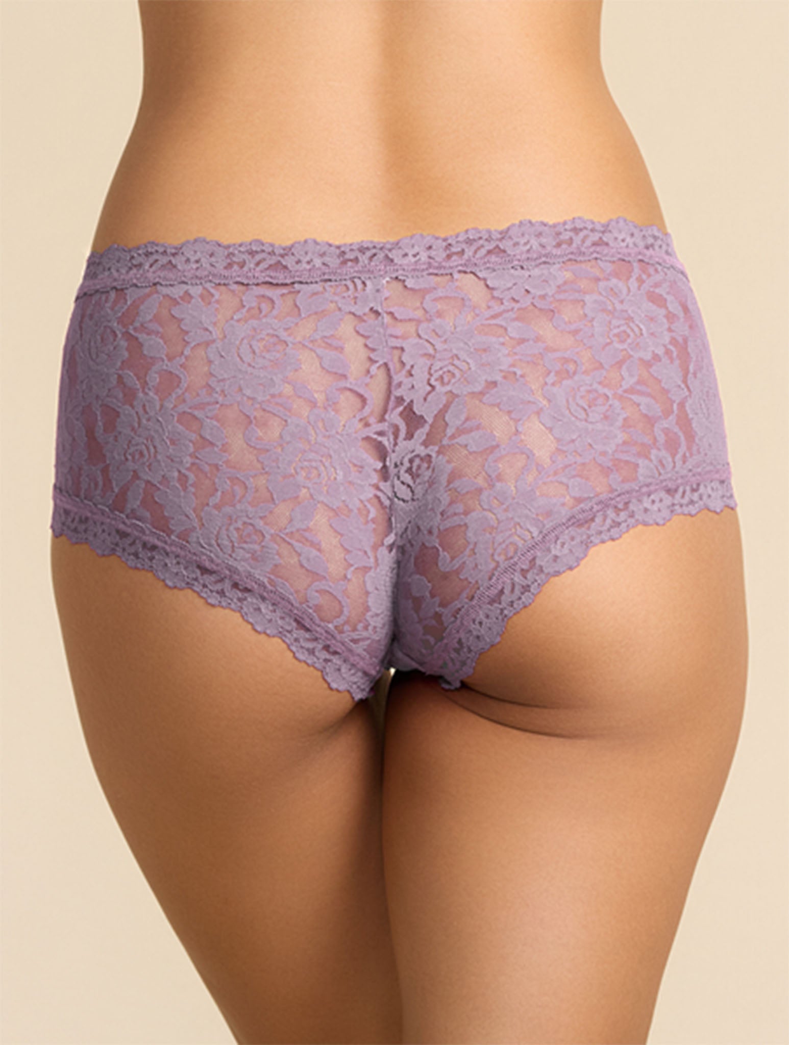 Violet Daze purple Signature Lace® Boyshort - back view on model, sheer floral lace coverage | Hanky Panky