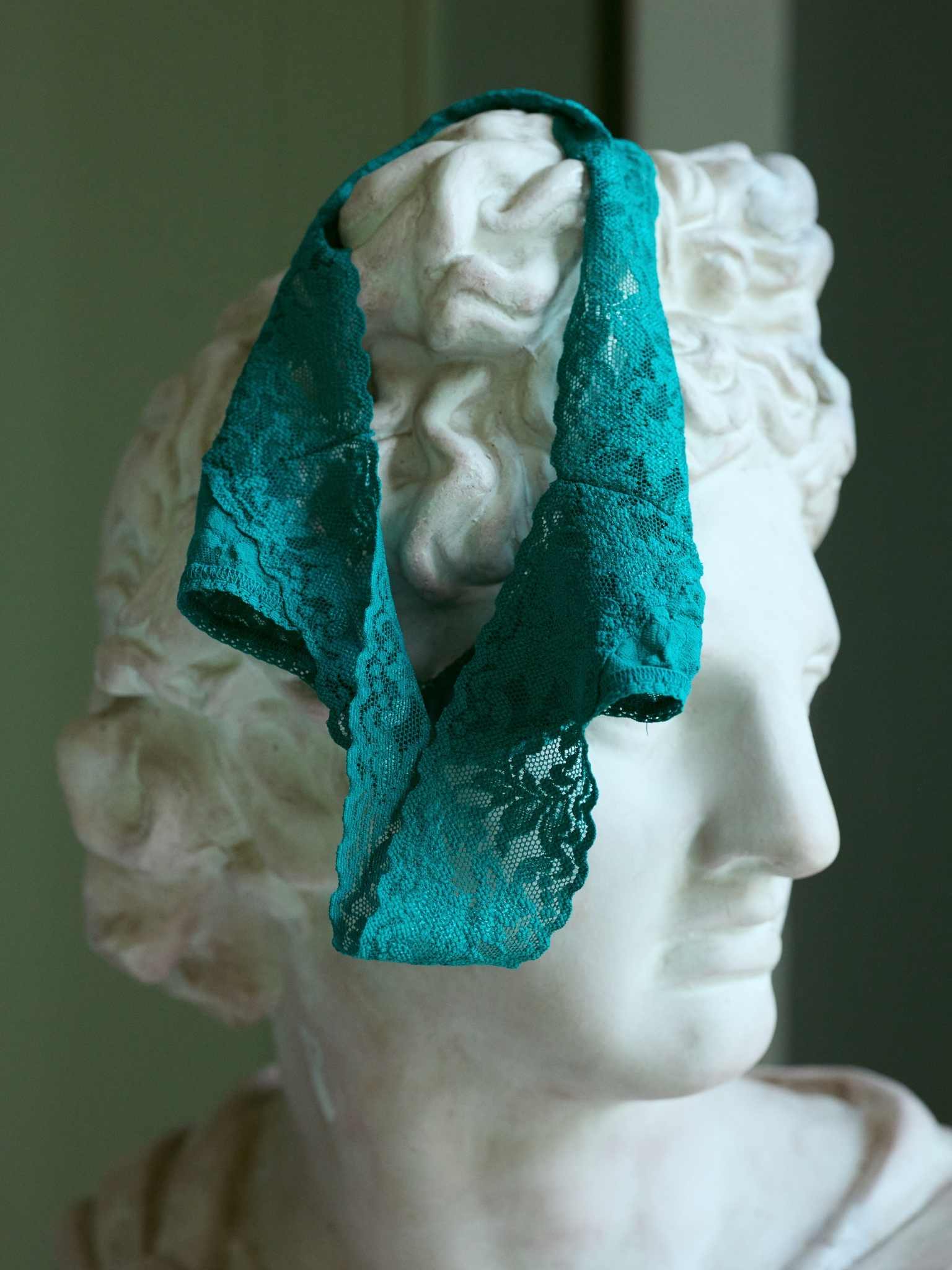 Dark Teal Signature Lace® Original Rise Thong - Editorial Style, draped over classical marble bust | Hanky Panky