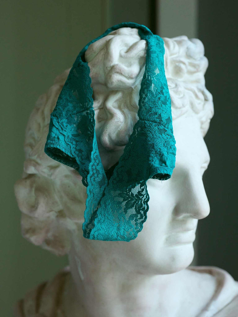 Dark Teal Signature Lace® Original Rise Thong - Editorial Style, draped over classical marble bust | Hanky Panky