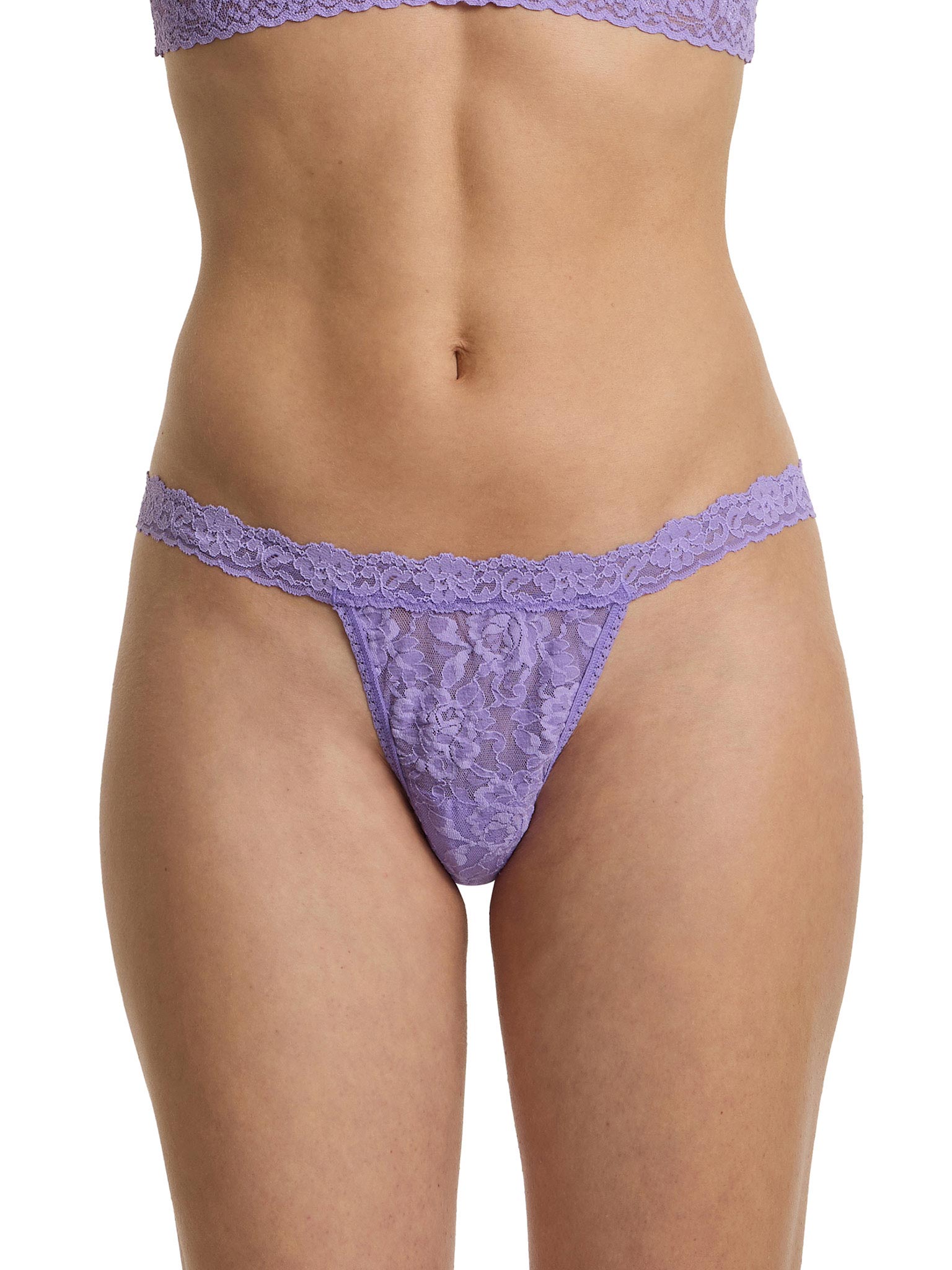 Signature Lace® G-String Love Potion Purple - Front View, purple lace g-string underwear on model | Hanky Panky