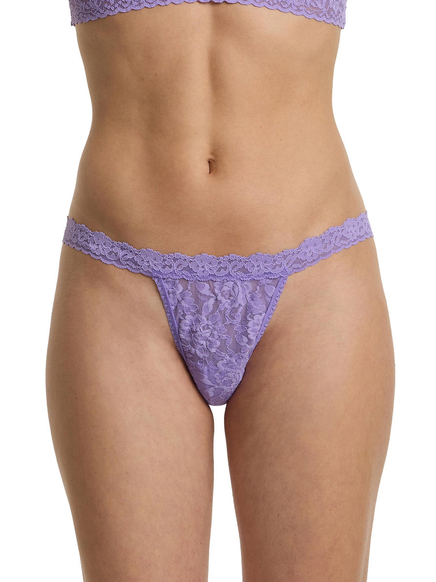 Signature Lace® G-String Love Potion Purple - Front View, purple lace g-string underwear on model | Hanky Panky