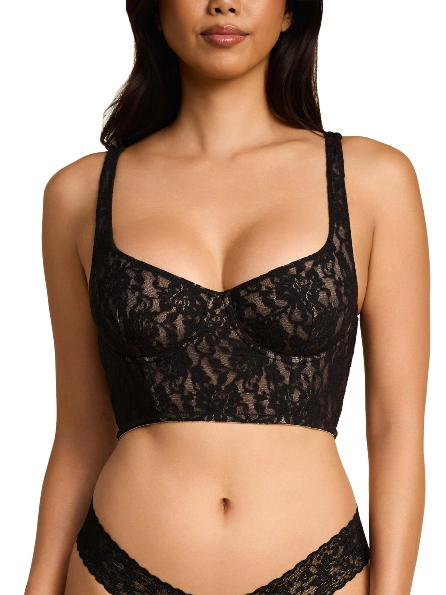 Black Signature Lace® Underwire Cropped Cami - Front View, Lace Cami Top Styled with Matching Thong | Hanky Panky