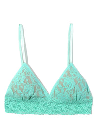 Mint green lace bralette on a white background