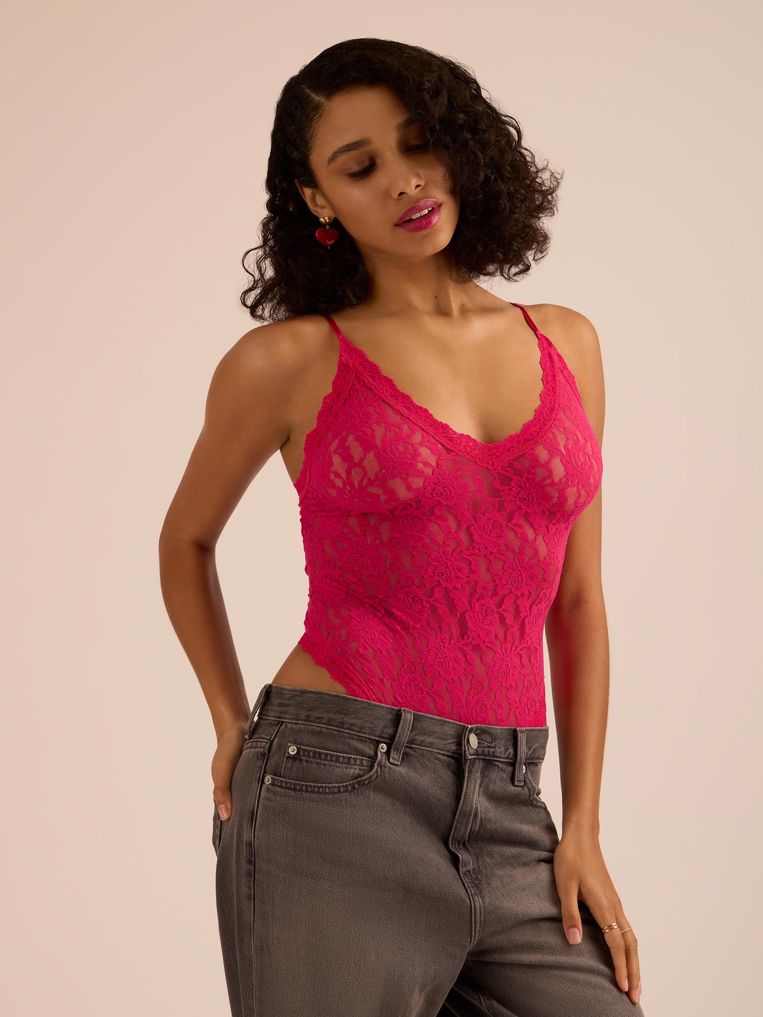 Signature Lace® Thong Back Bodysuit Sealed With A Kiss Pink - Styled With Grey Jeans On Model | Hanky Panky