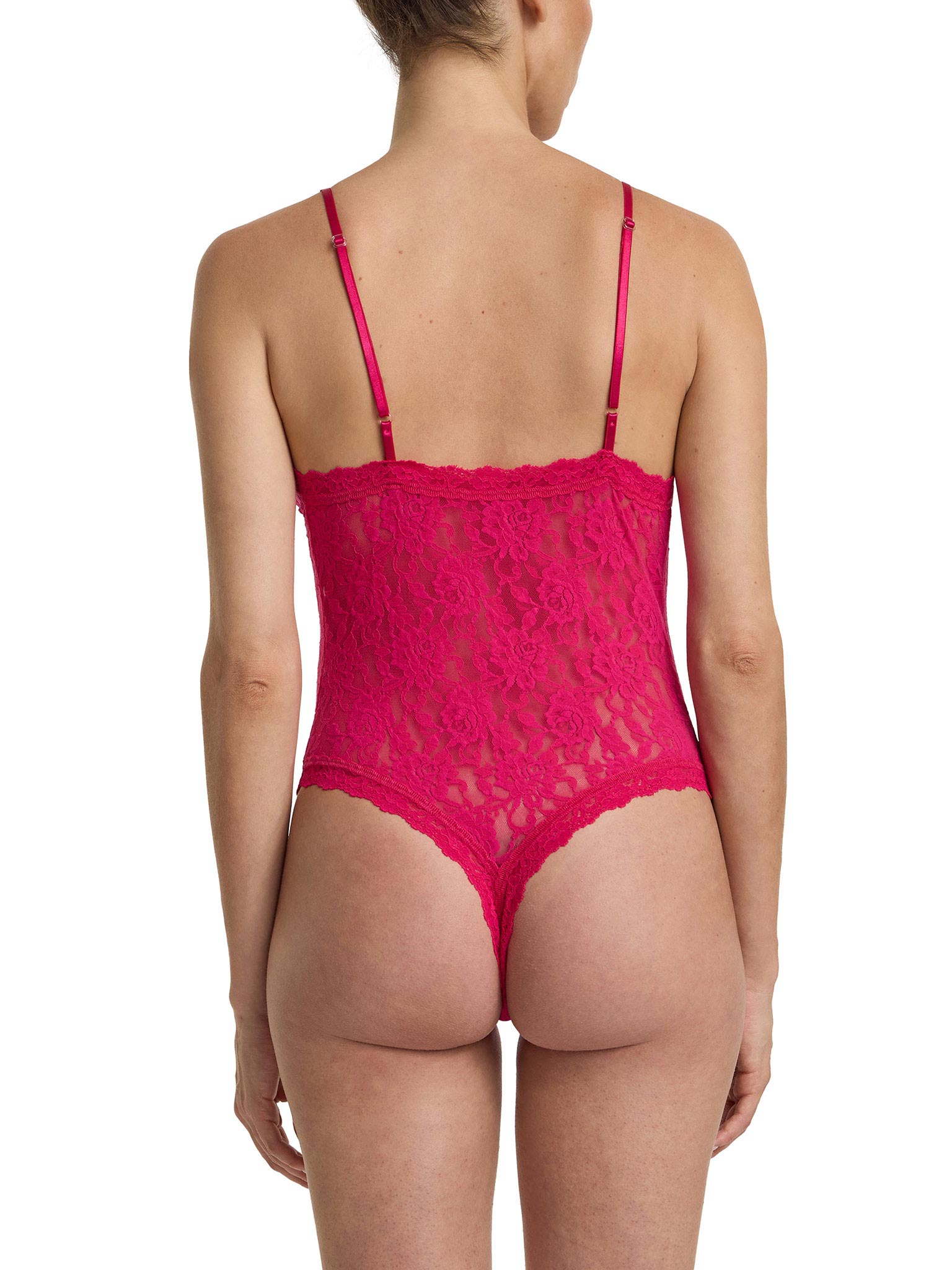 Signature Lace® Thong Back Bodysuit Sealed With A Kiss Pink - Back View, Thong Cut & Adjustable Straps | Hanky Panky