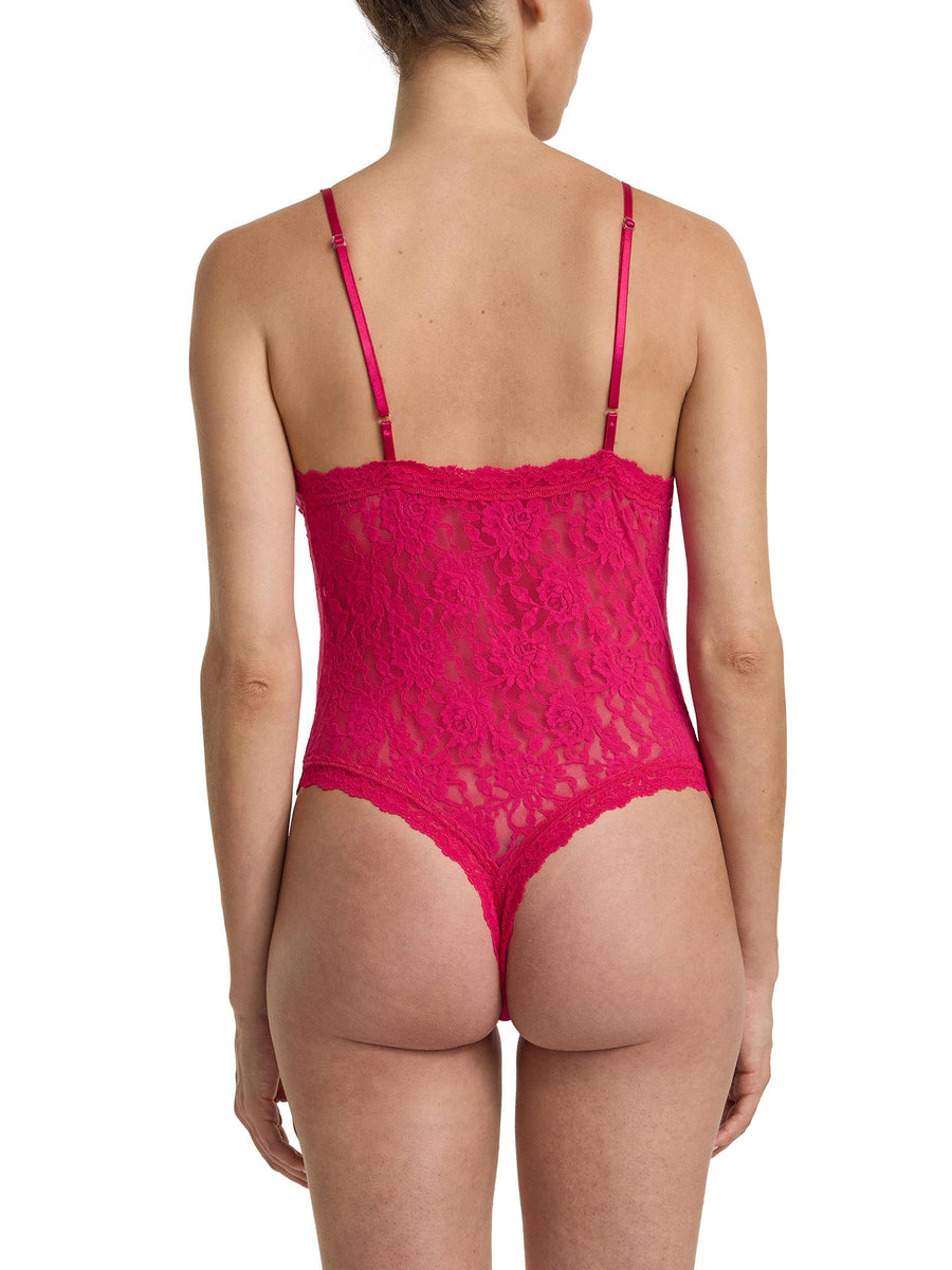 Signature Lace® Thong Back Bodysuit Sealed With A Kiss Pink - Back View, Thong Cut & Adjustable Straps | Hanky Panky