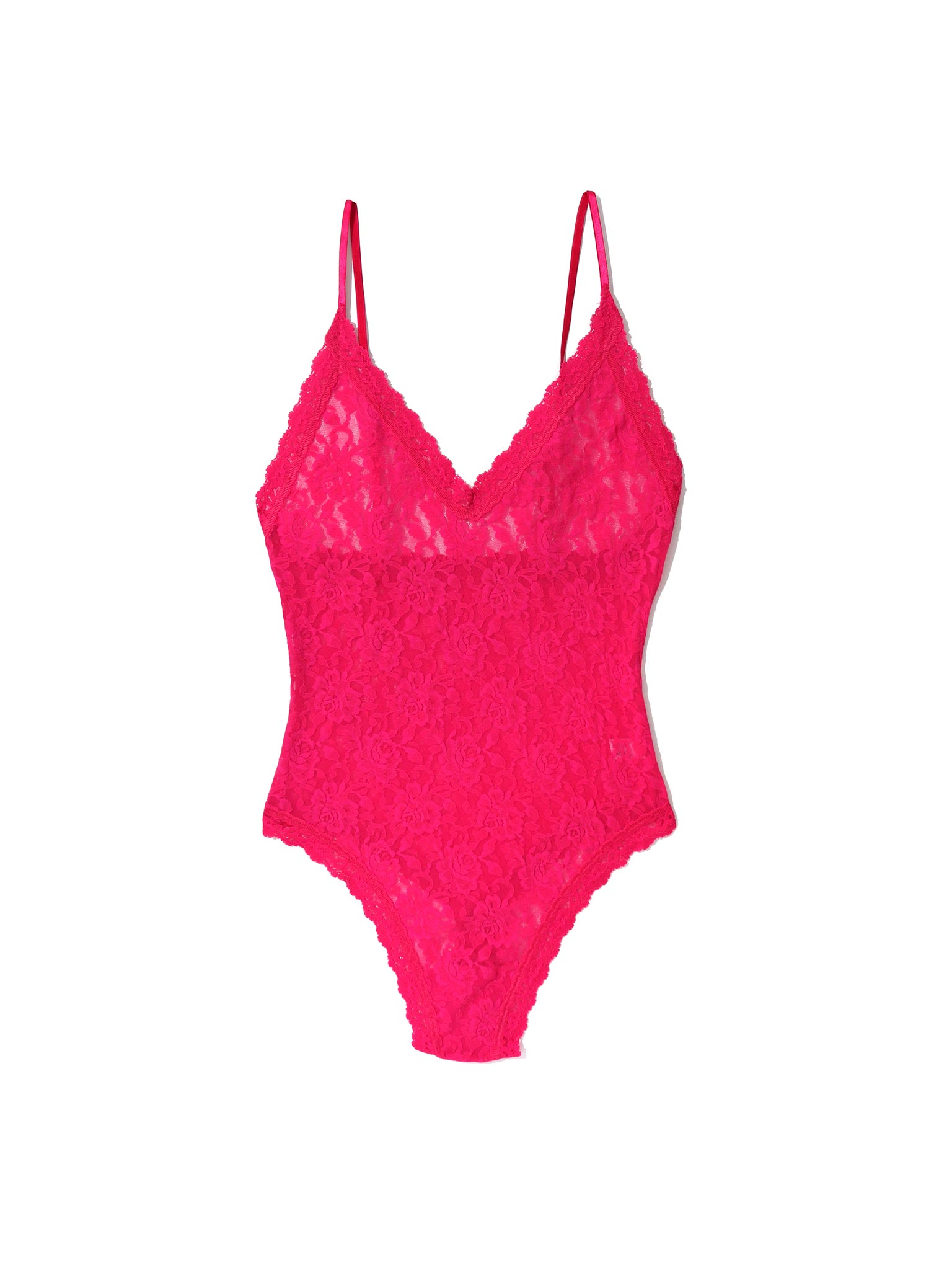 Signature Lace® Thong Back Bodysuit Sealed With A Kiss Pink - Flat Lay, V-Neck Lace Detail | Hanky Panky