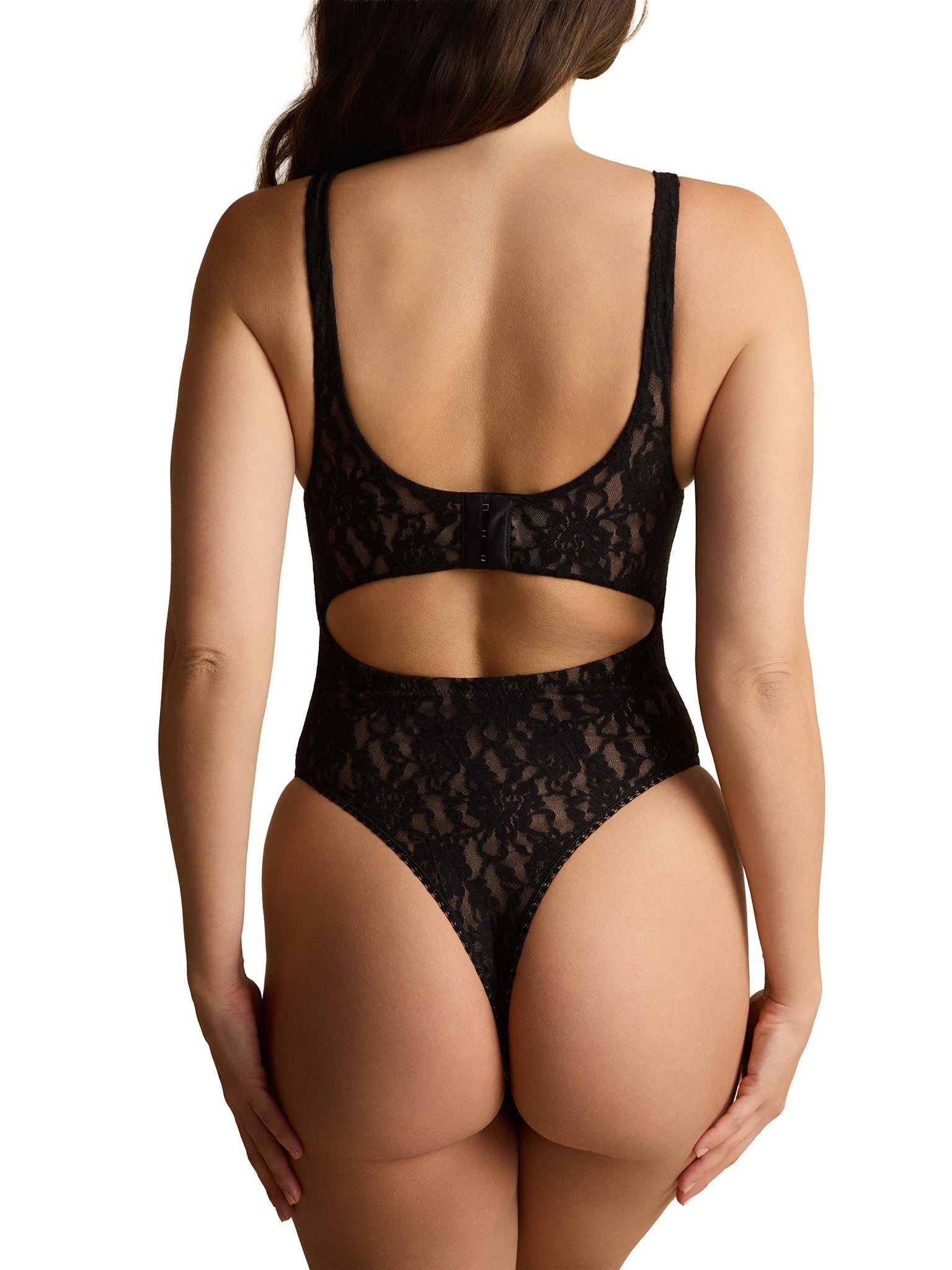 Black Signature Lace® Bodysuit back view, open-back clasp and thong cut, white background | Hanky Panky