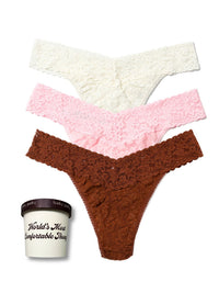Three pairs of textured underwear in white, pink, and brown with a container labeled 'World's Most Comfortable Thing' on a white background.