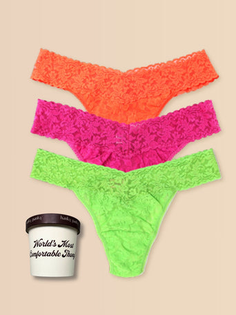 Here's The Scoop Signature Lace® Original Rise Thong Ice Cream 3 Pack Sorbet Brights (Orange Sparkle, Dragon Fruit Pink & Lush Green)