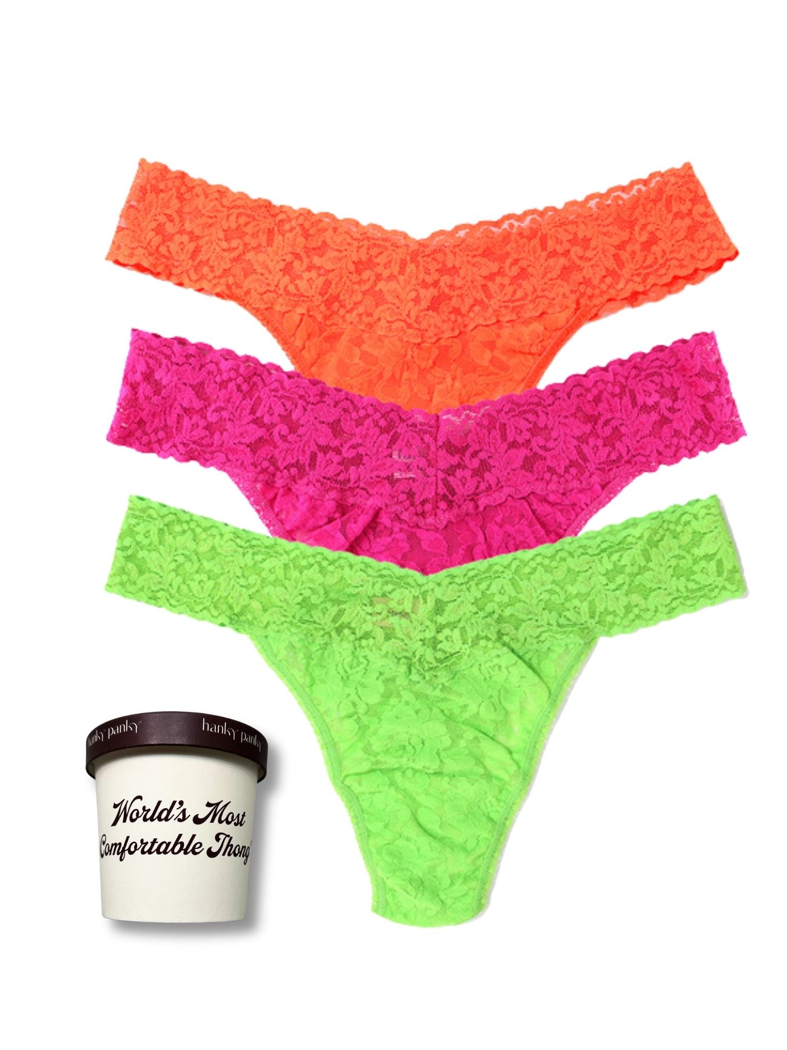 Signature Lace® Original Rise Thong Ice Cream 3 Pack Sorbet Brights (Orange Sparkle, Dragon Fruit Pink & Lush Green)
