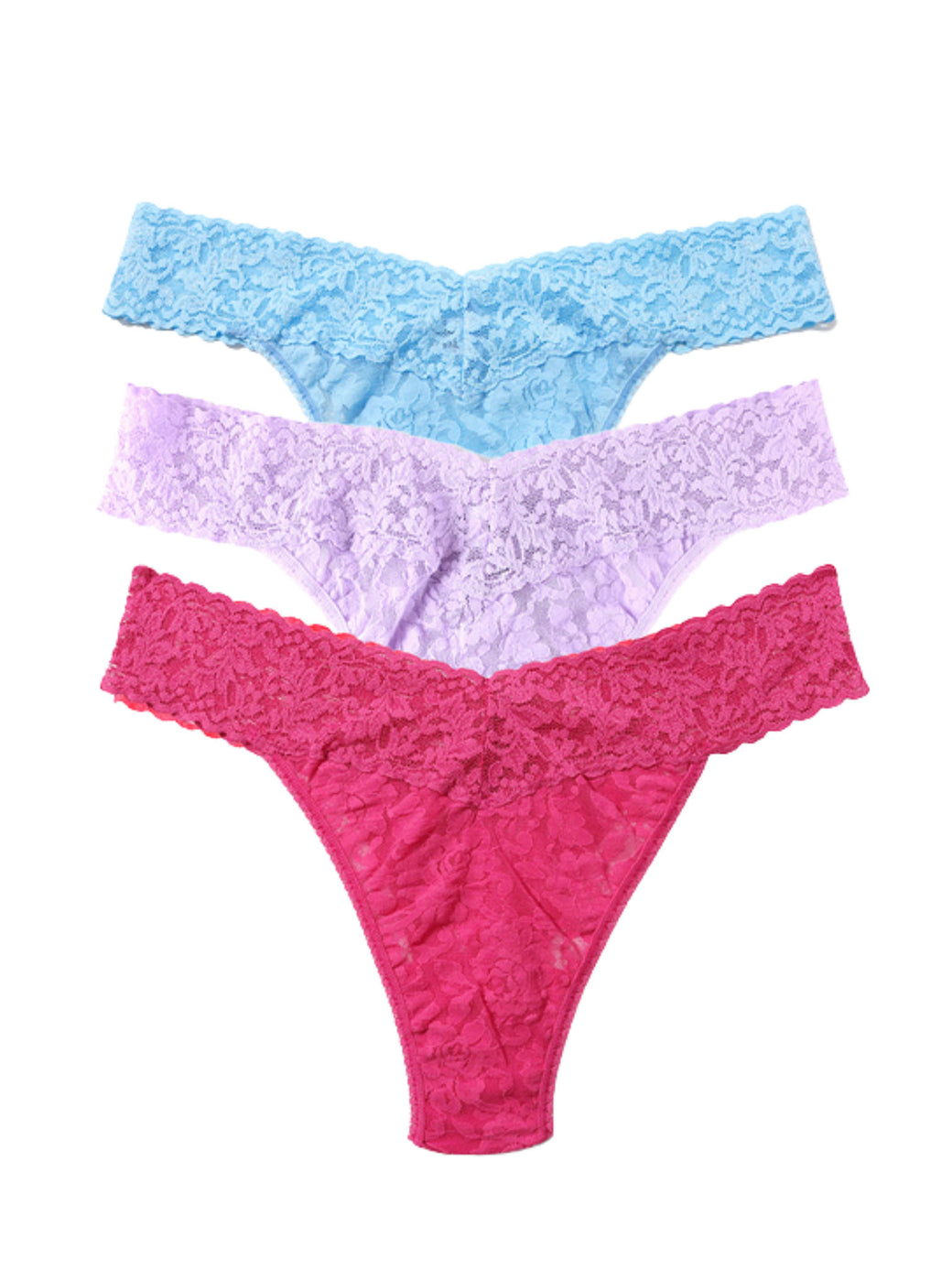 Signature Lace® Original Rise Matchbox 3 Pack Pastel Punch - Blue, Lavender & Dragon Fruit Pink Flat Lay | Hanky Panky