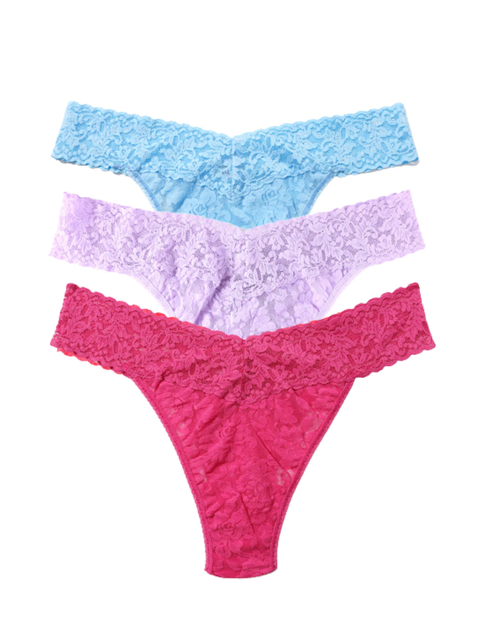 Signature Lace® Original Rise Matchbox 3 Pack Pastel Punch - Blue, Lavender & Dragon Fruit Pink Flat Lay | Hanky Panky