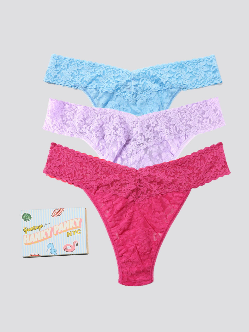 Pastel Blue, Lavender & Pink Signature Lace® Original Rise Thong 3-Pack with Gift Box - Flat Lay | Hanky Panky