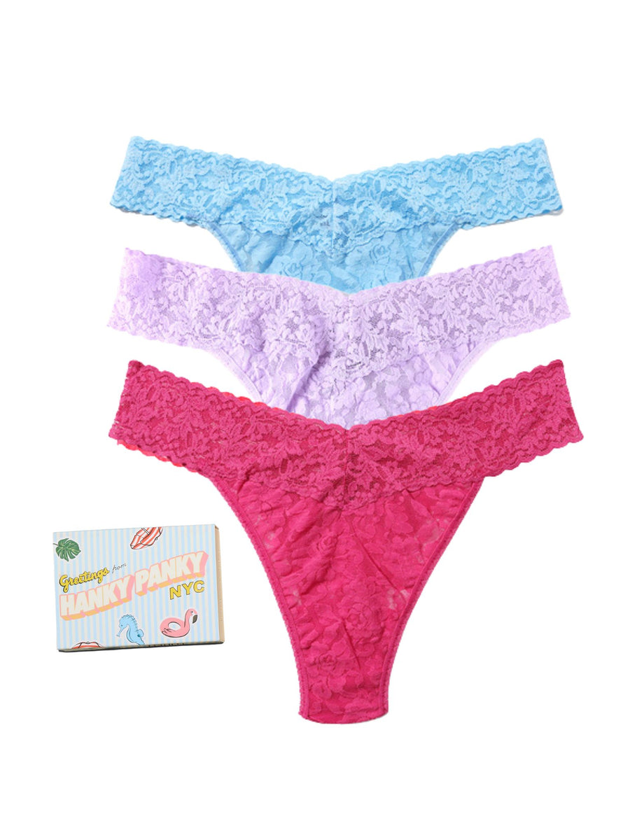 Signature Lace® Original Rise Thong 3-Pack Pastel Punch - Blue, Lavender & Dragon Fruit Pink Flat Lay on White | Hanky Panky