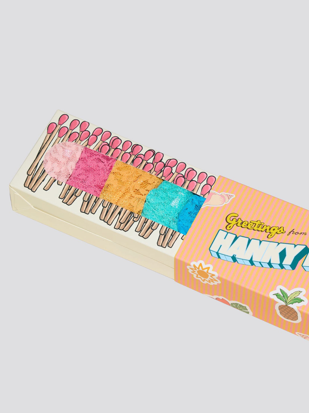 Signature Lace® Matchbox 5-Pack - Open Box Angle Showing Pastel Lace Thongs in Pink, Gold & Blue | Hanky Panky