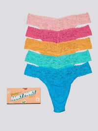 Vibrant Pastel Signature Lace® 5-Pack Lace Thongs with Matchbox Gift Box - Flat Lay on Grey | Hanky Panky