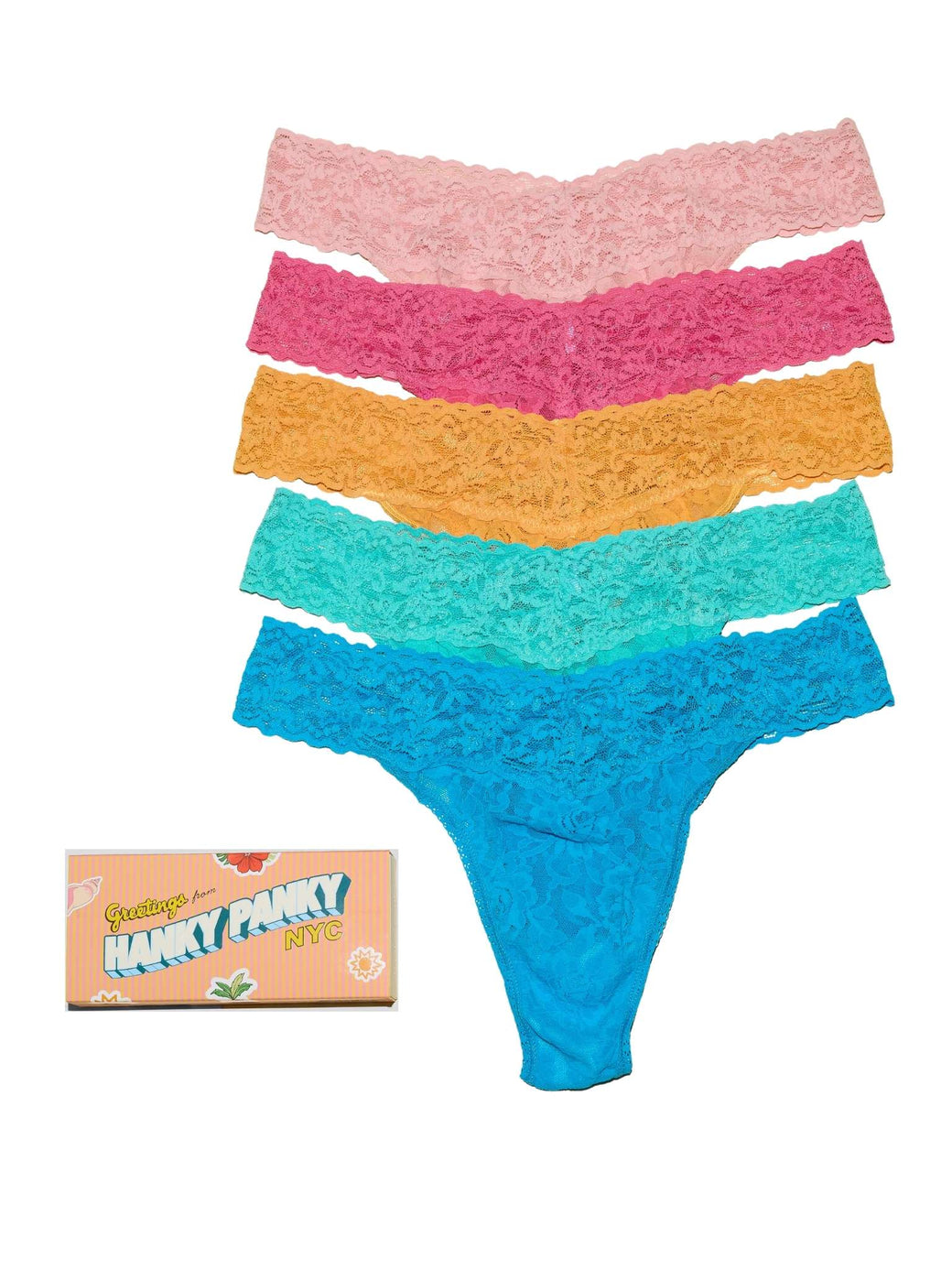 Vibrant Pastel Signature Lace® 5-Pack Lace Thongs with Matchbox Gift Box - Flat Lay on White | Hanky Panky