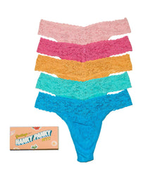 Vibrant Pastel Signature Lace® 5-Pack Lace Thongs with Matchbox Gift Box - Flat Lay on White | Hanky Panky