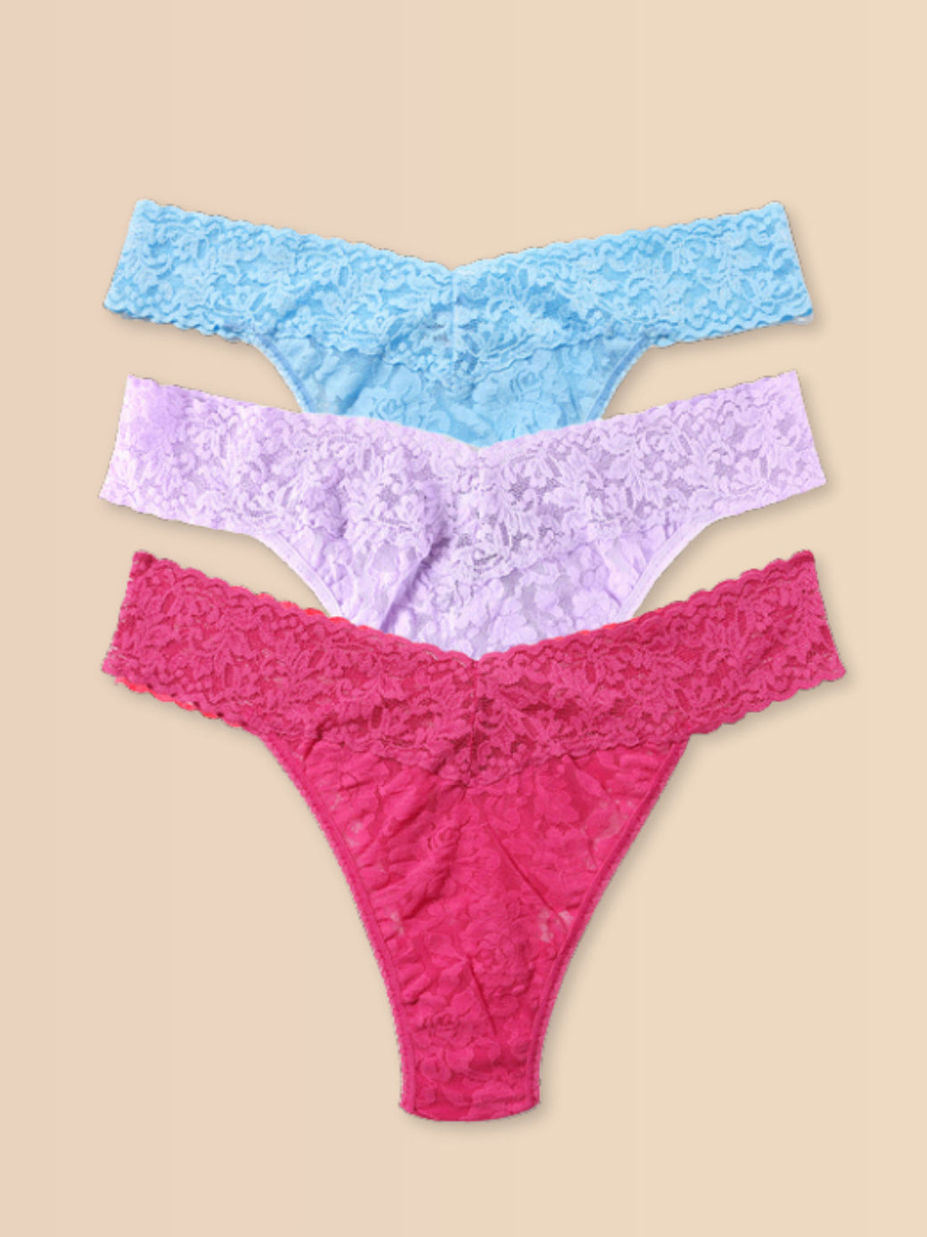 Signature Lace® Original Rise Thong 3-Pack Pastel Punch - Partly Cloudy Blue, Lavender & Pink on Warm Backdrop | Hanky Panky