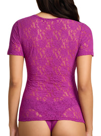 Model facing back wearing Signature Lace® Short Sleeve Top Boysenberry Purple on white background