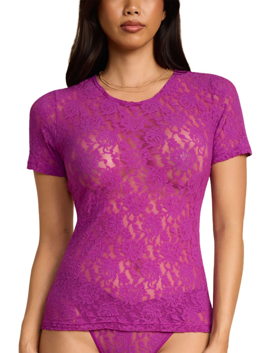 Model facing front wearing Signature Lace® Short Sleeve Top Boysenberry Purple on white background