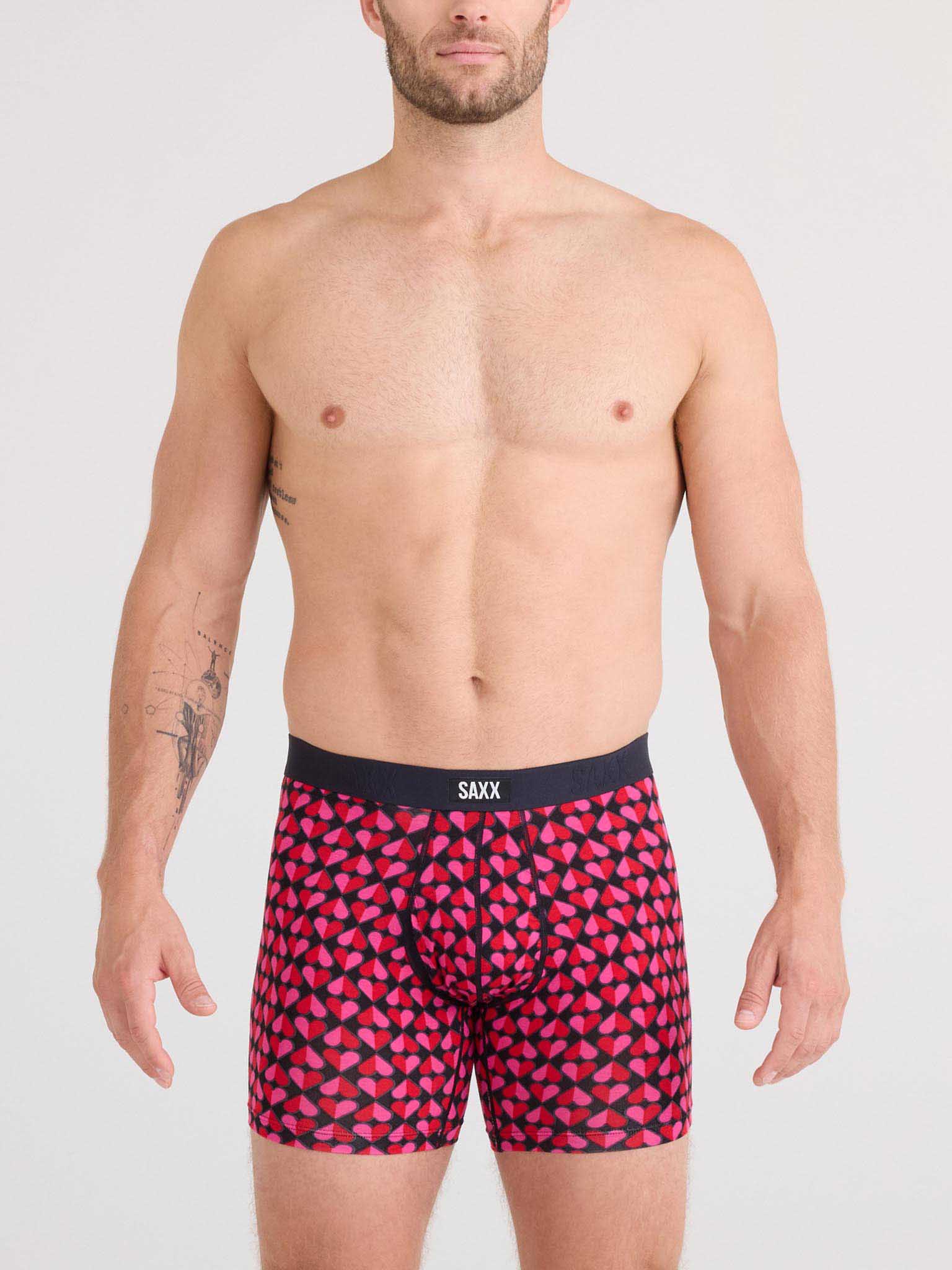 SAXX Super Soft Vibe Boxer Brief in Love Check Baby Black heart print - On Model Front View | Hanky Panky