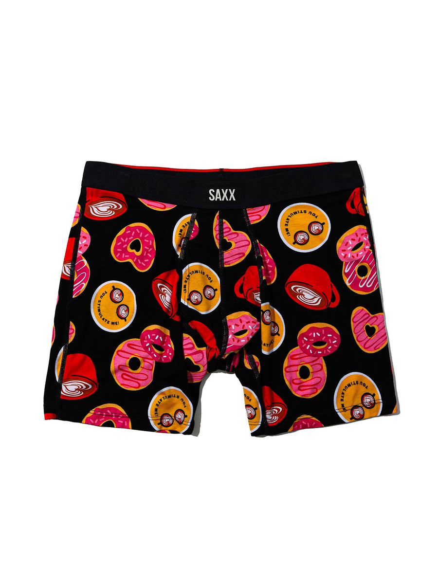SAXX Super Soft Vibe Boxer Brief Lovestory Black Donut Print - Flat Lay Front View | Hanky Panky