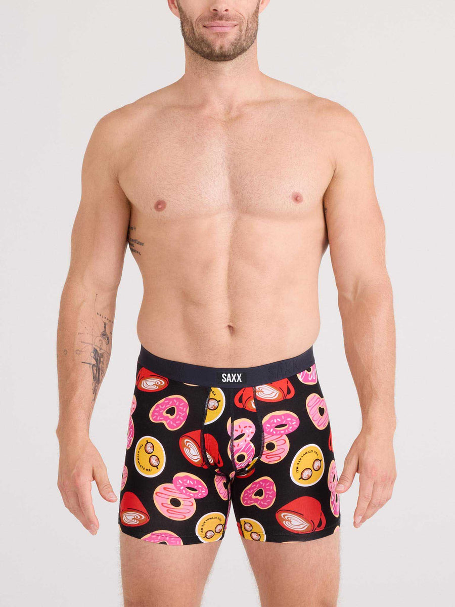 SAXX Vibe Boxer Brief On Model Front View Lovestory Black Donut Print - Matching Couples Underwear | Hanky Panky