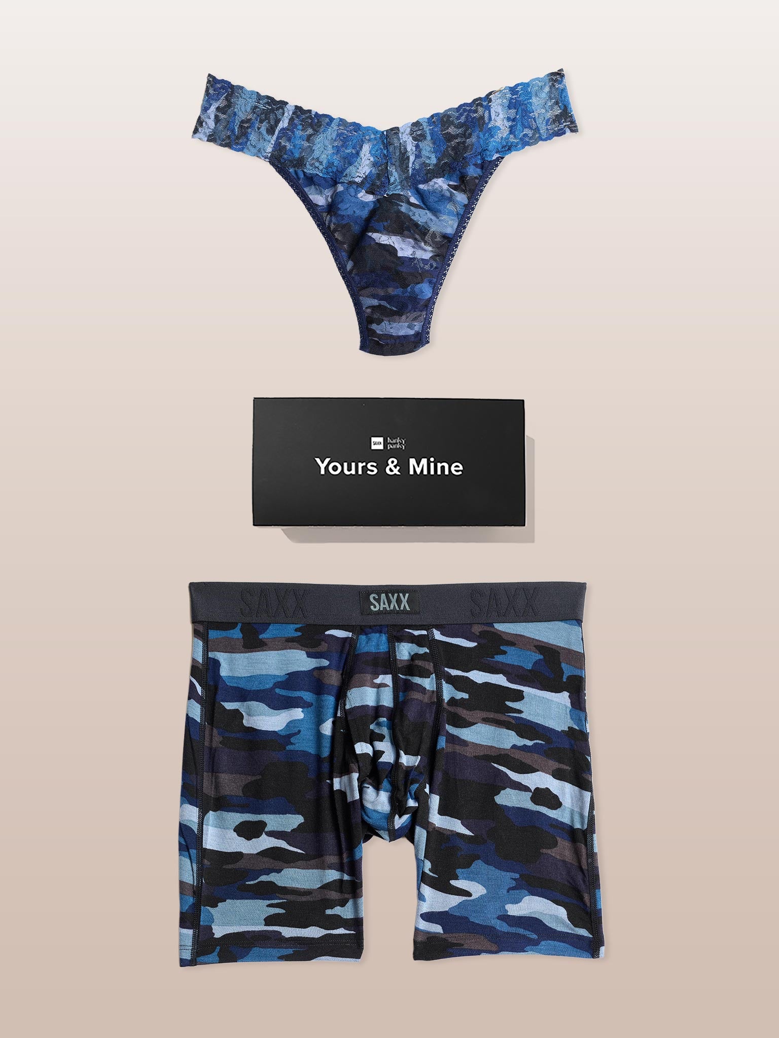 Cloudbank Camo Navy Signature Lace Thong & SAXX Boxer Brief Yours & Mine Matching Set with gift box - Flat Lay | Hanky Panky
