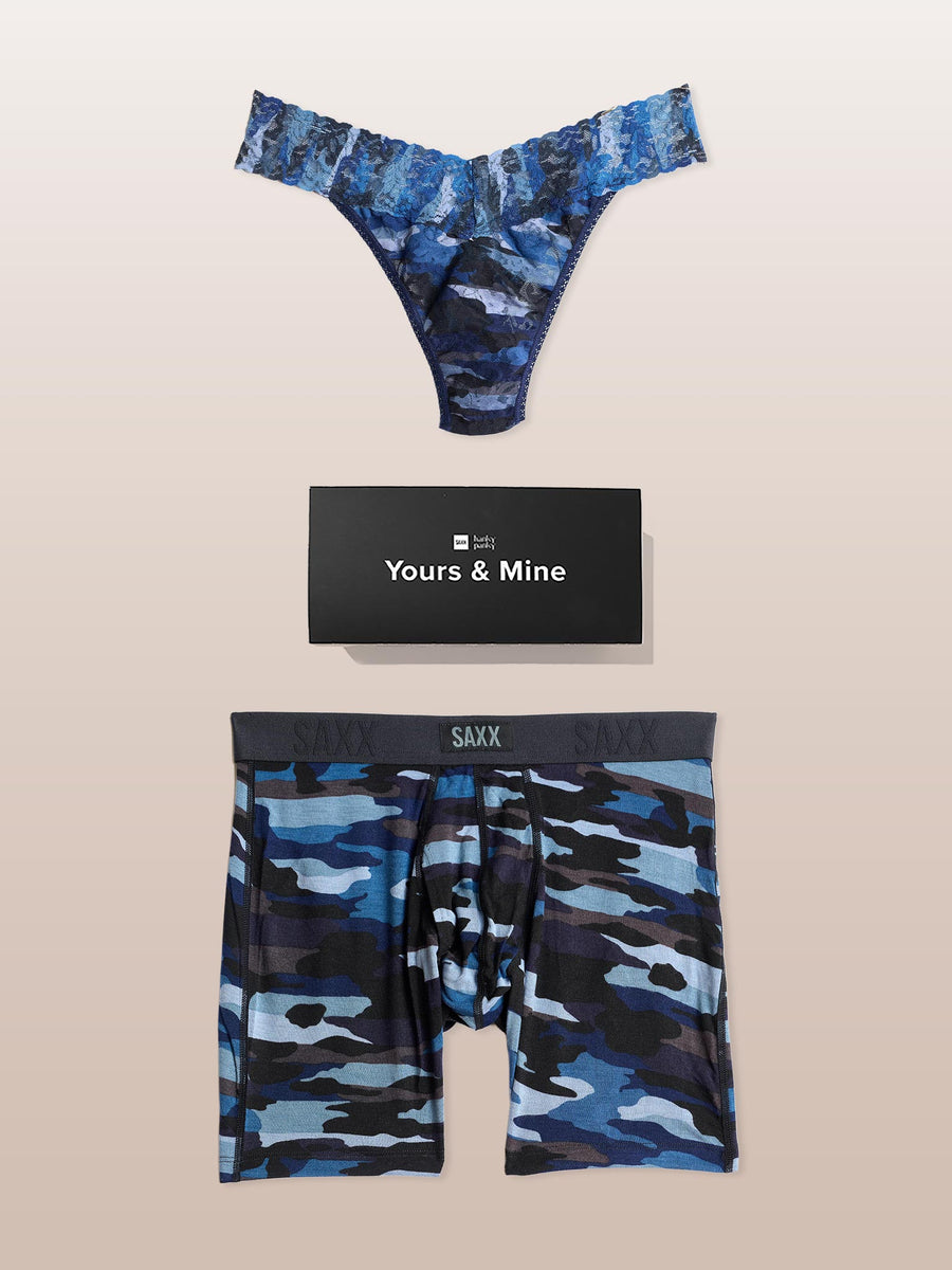 Cloudbank Camo Navy Signature Lace Thong & SAXX Boxer Brief Yours & Mine Matching Set with gift box - Flat Lay | Hanky Panky