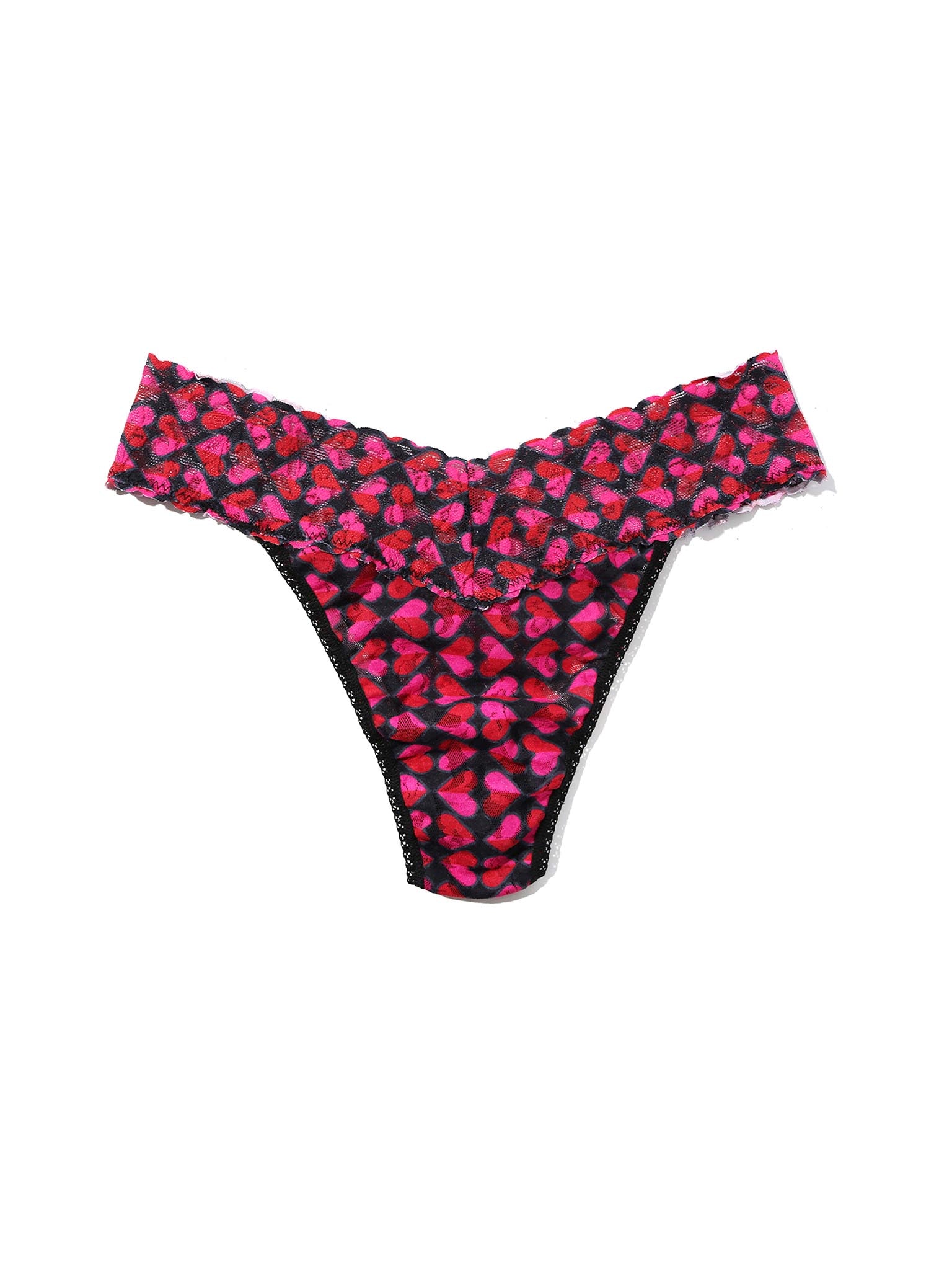 Signature Lace® Original Rise Thong Love Check Baby Black heart print - Flat Lay Front | Hanky Panky